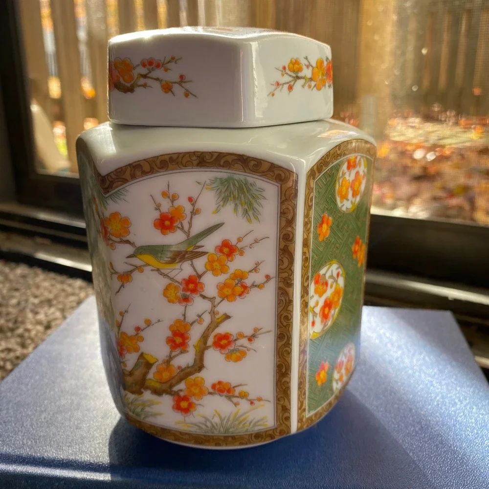Vintage Hexagonal Porcelain Jar with Lid Oriental Bird Blossom Design- Japan‎